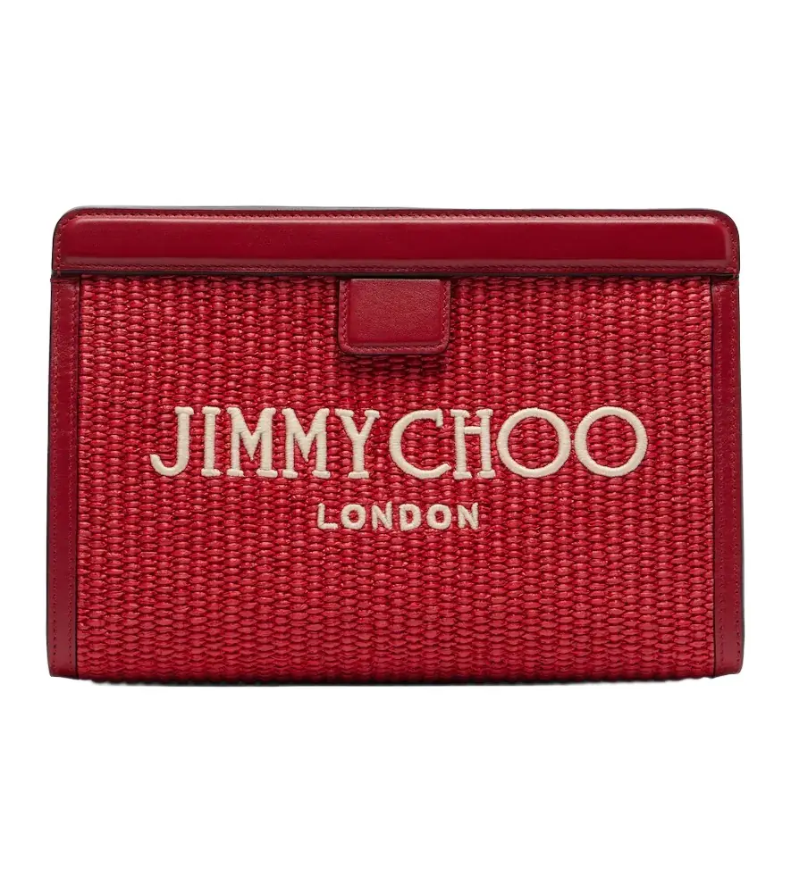 Jimmy Choo Avenue Small leather-trimmed raffia pouch