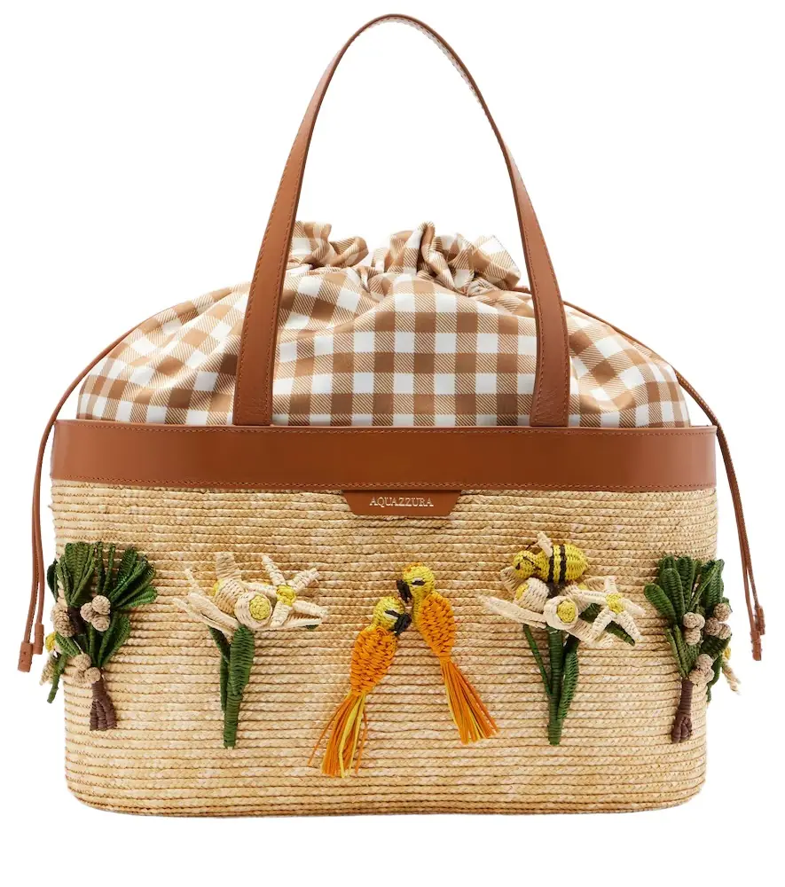 Aquazzura Birdsong appliqué raffia tote bag