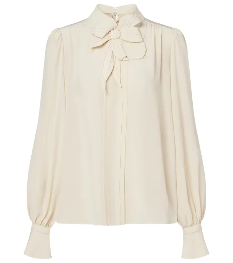Valentino Floral-appliqué silk crêpe de chine blouse