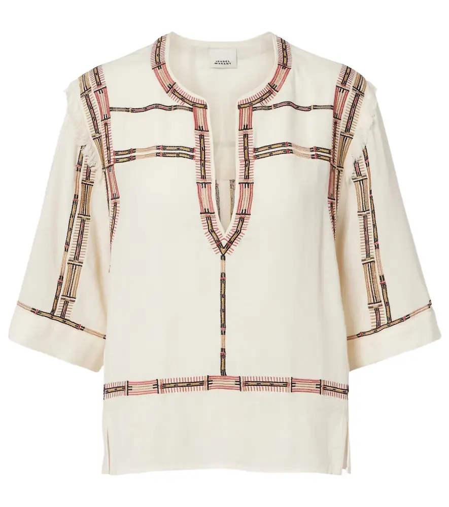 Isabel Marant Fiosa embroidered fringed silk top