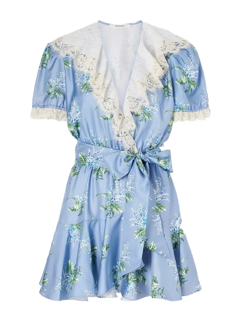 Rodarte Ruffled Lace-trimmed Floral-print Silk-twill Mini Dress