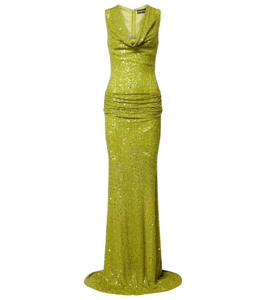 david koma green dress David Koma Sequined feather-trimmed midi dress David Koma