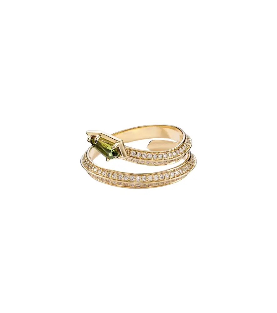 Stone and Strand Shield Serpent 14kt gold ring with diamonds and green tourmaline