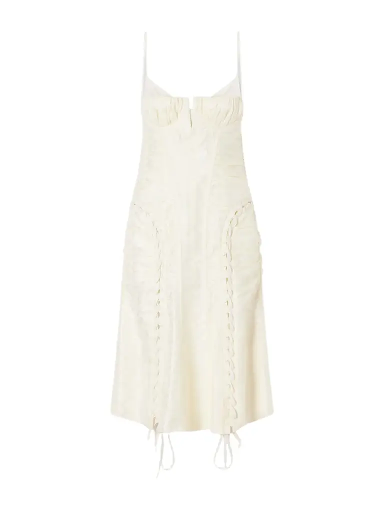 McQueen Pleated Paneled Satin Brocade Midi Dress