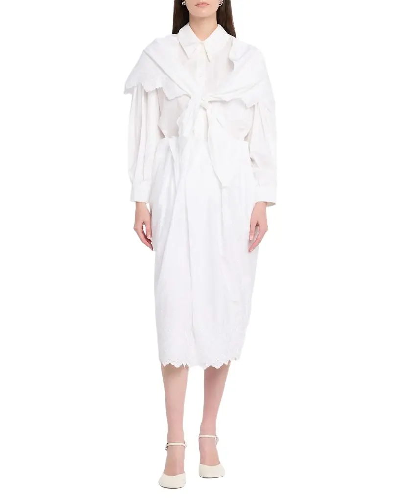 Simone Rocha Pleated Waist Eyelet Embroidered Midi Pencil Skirt