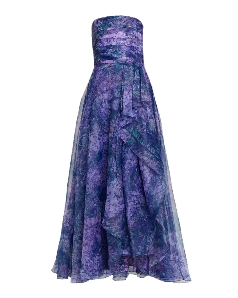 Theia Faherta Strapless Draped Organza Gown