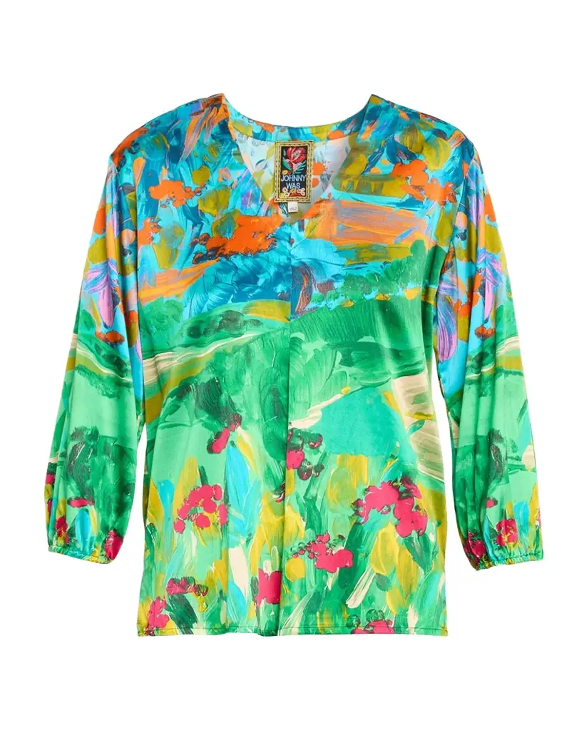 Johnny Was Arlo Painterly-Print Satin Blouse