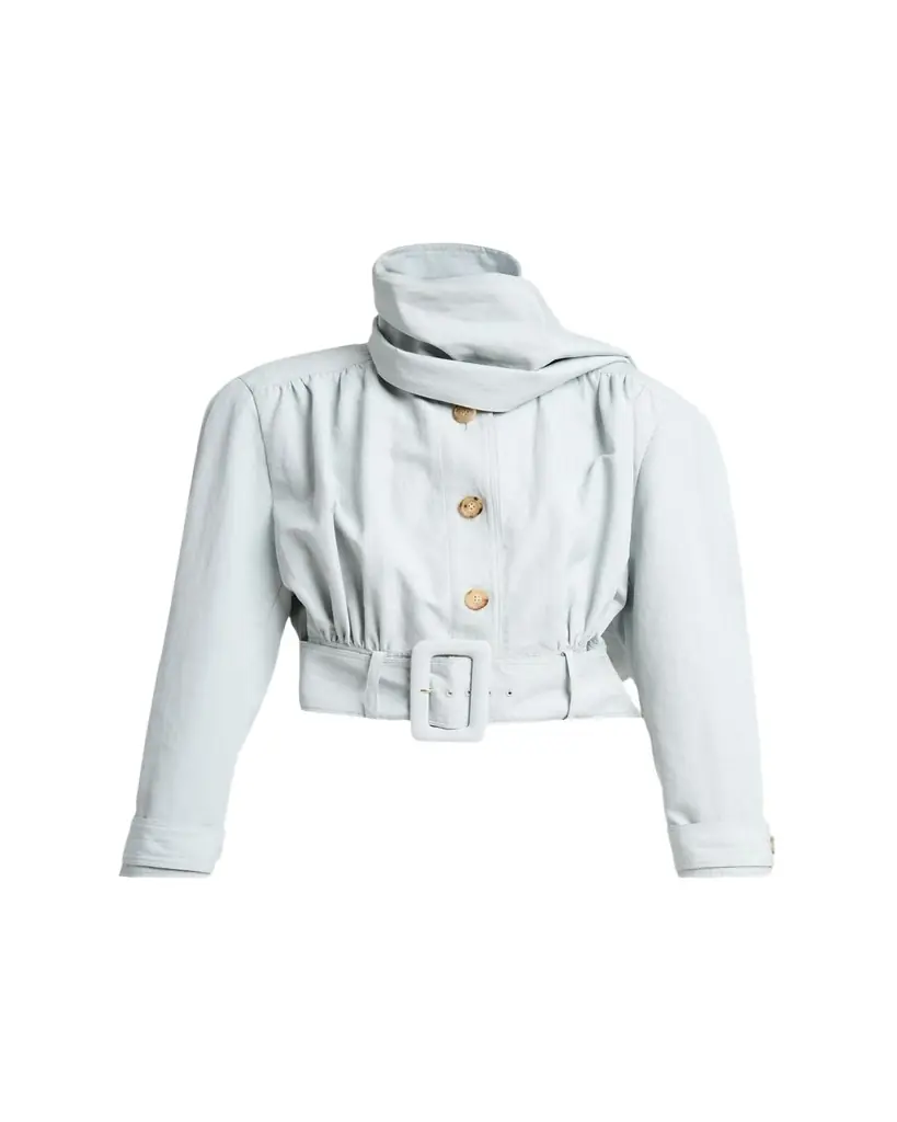 Chloe Neck-Scarf Belted Linen Crop Jacket