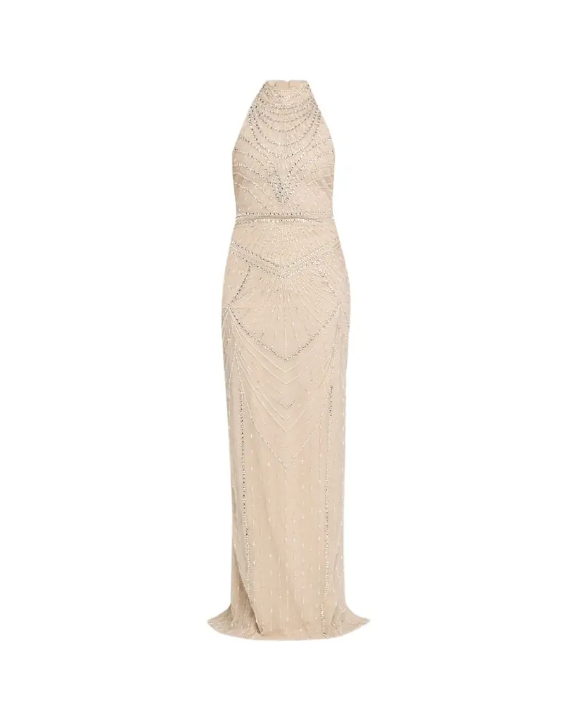 Pamella Roland Embroidered Tulle Halter Gown