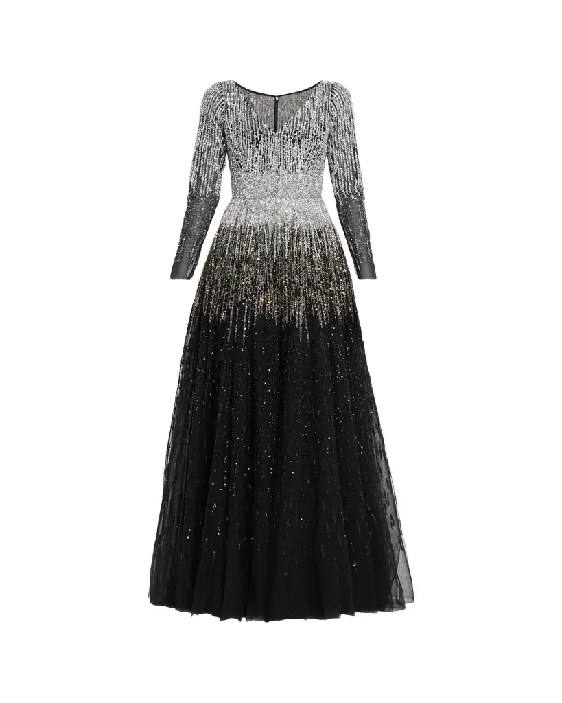 Pamella Roland Ombre Embroidered Tulle Long-Sleeve Gown