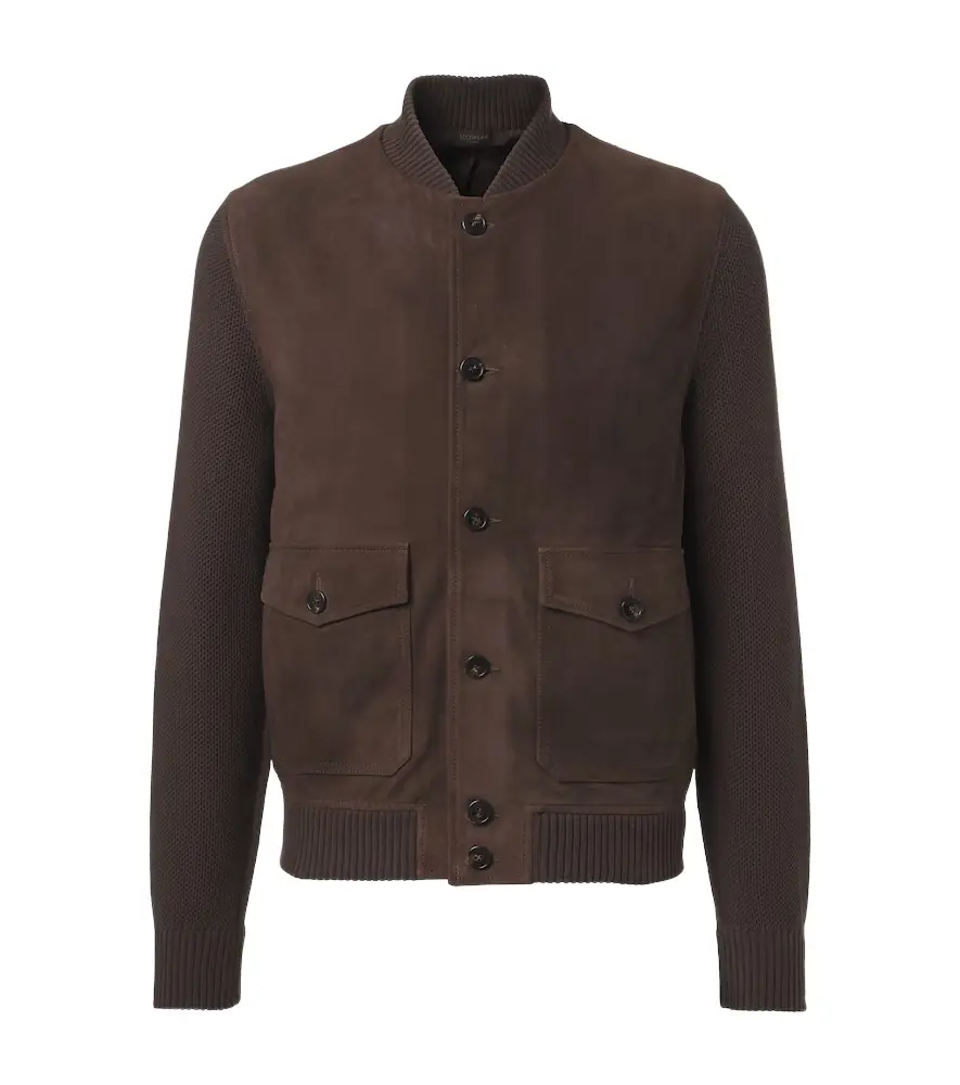 Slowear Cotton-trimmed suede bomber jacket