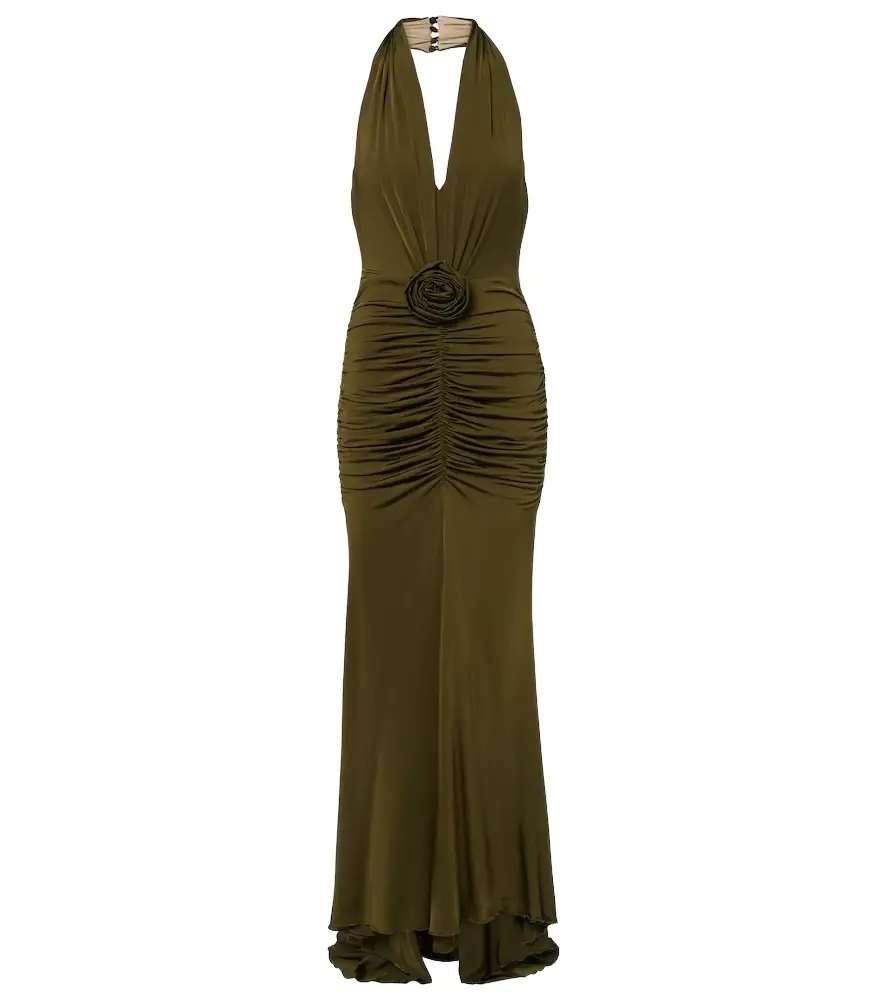 Blumarine Floral-appliqué ruched maxi dress