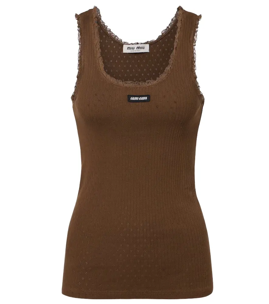 Miu Miu Lace-trimmed pointelle cotton tank top
