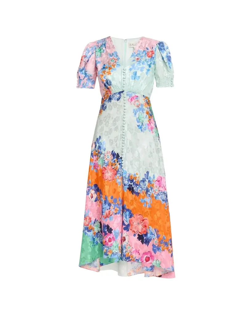 Saloni Lea Floral Silk Jacquard Button-Front Midi Dress