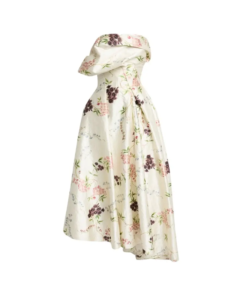 Erdem Strapless Floral-Print Textured Satin Gown