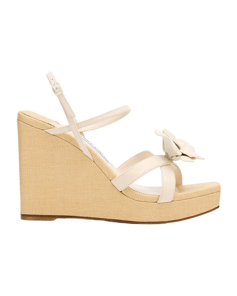 Jimmy Choo 110mm Elsy Flower Leather Wedge Sandals