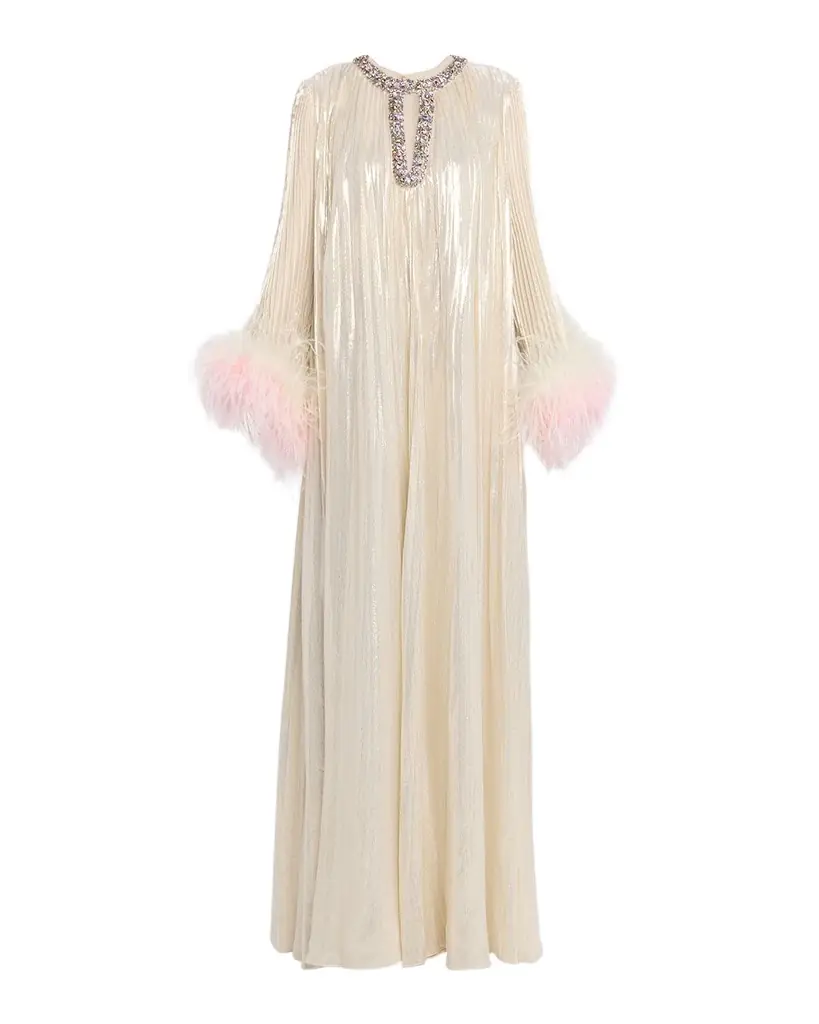 Self-Portrait Pleated Metallic Maxi Dress with Ombre Feather Cuffs