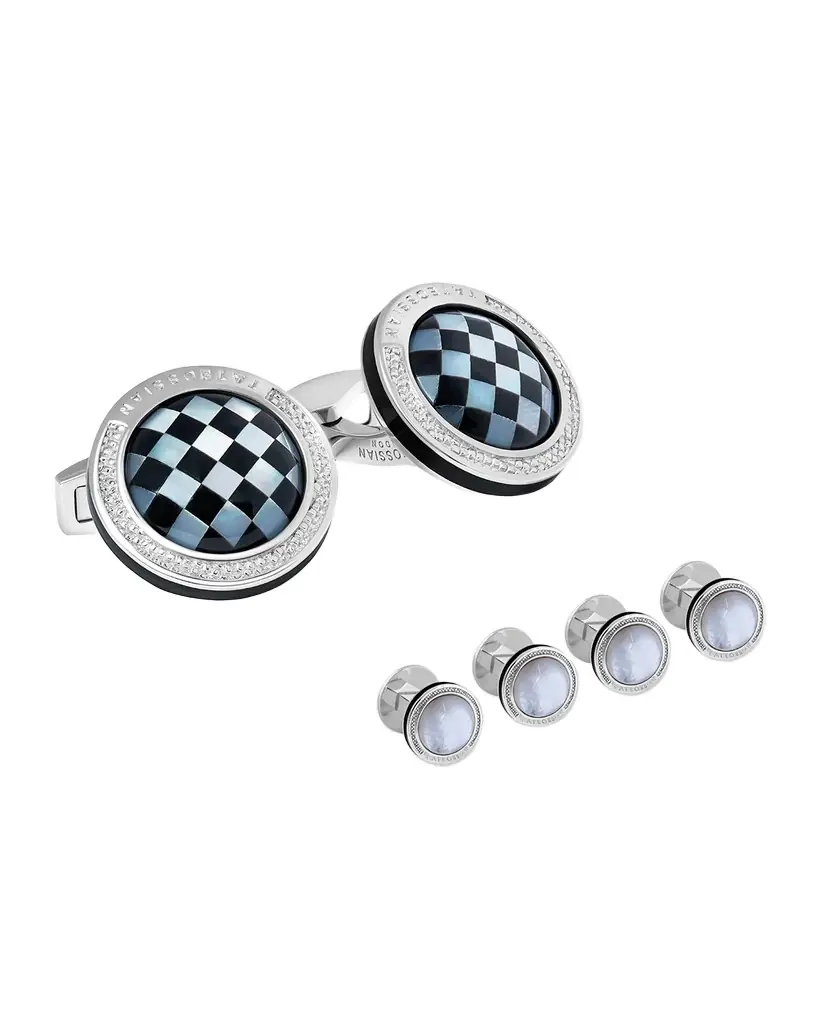 Tateossian Men 's Mosaic Onyx and Mother of Pearl Round Cufflinks and Shirt Stud Set