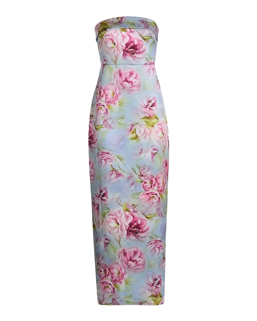 Theia Cleo Strapless Floral-Print Mikado Column Gown
