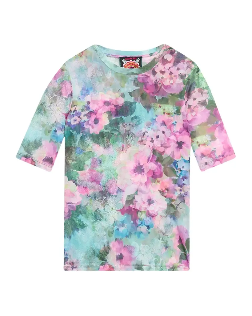 Johnny Was Elbow-Sleeve Floral Mesh Top