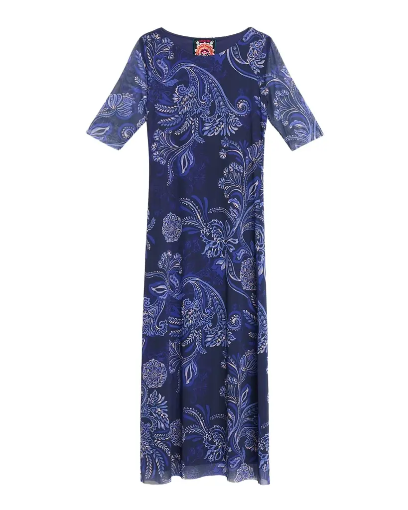 Johnny Was Astrid Floral Mesh Elbow-Sleeve Midi Dress