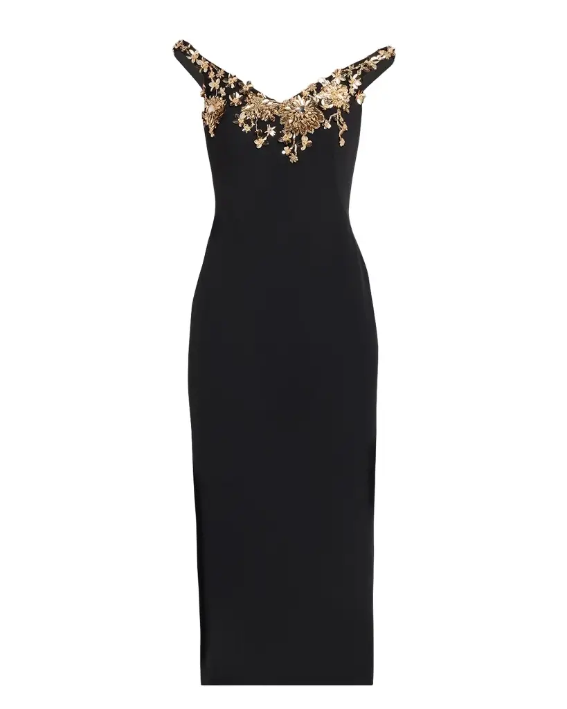 Pamella Roland Floral Embroidered Crepe Off-The-Shoulder Midi Dress