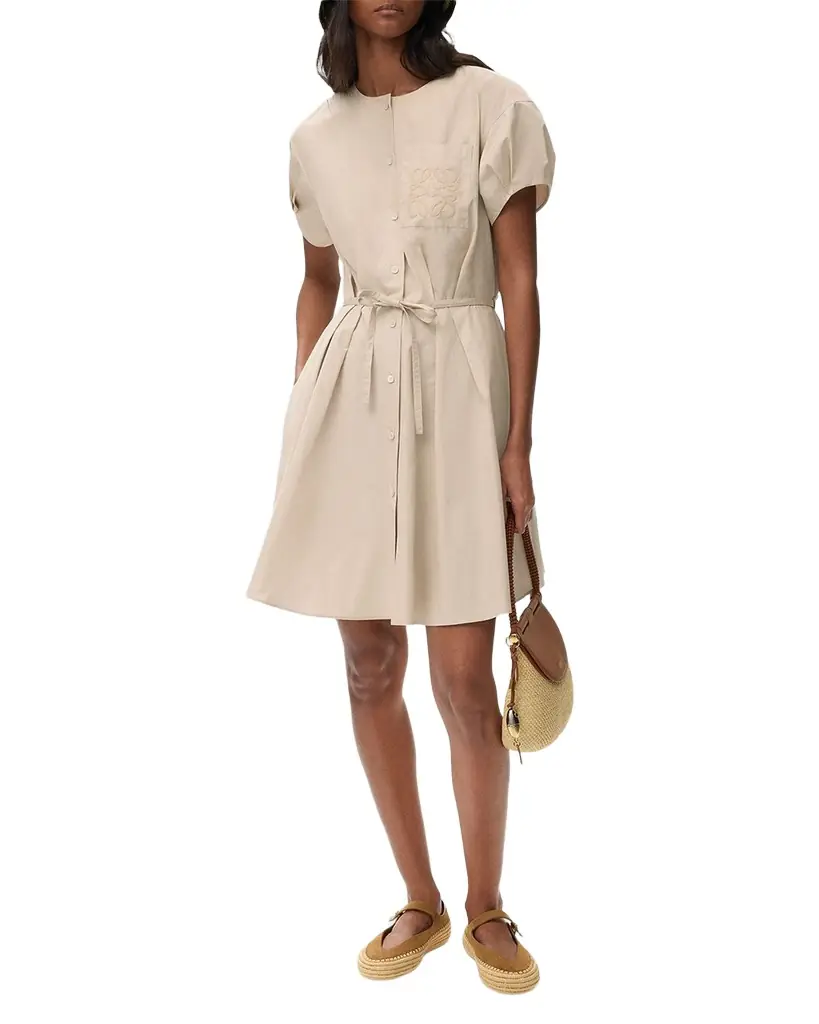 Loewe x Paula's Ibiza Anagram Puff-Sleeve Pleated Mini Shirtdress