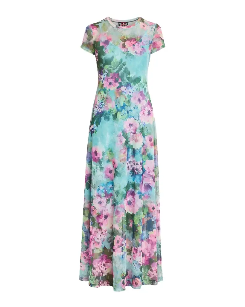 Johnny Was Short-Sleeve Floral Mesh Maxi Dress