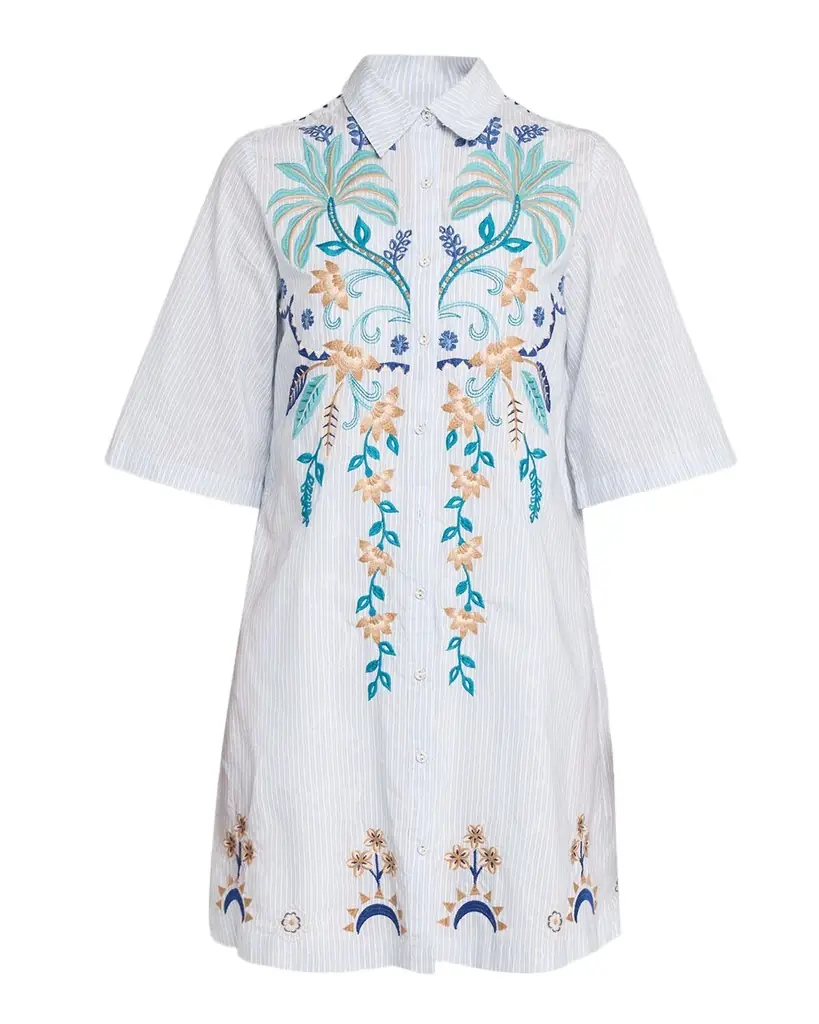 Johnny Was Kimono-Sleeve Embroidered Mini Shirtdress