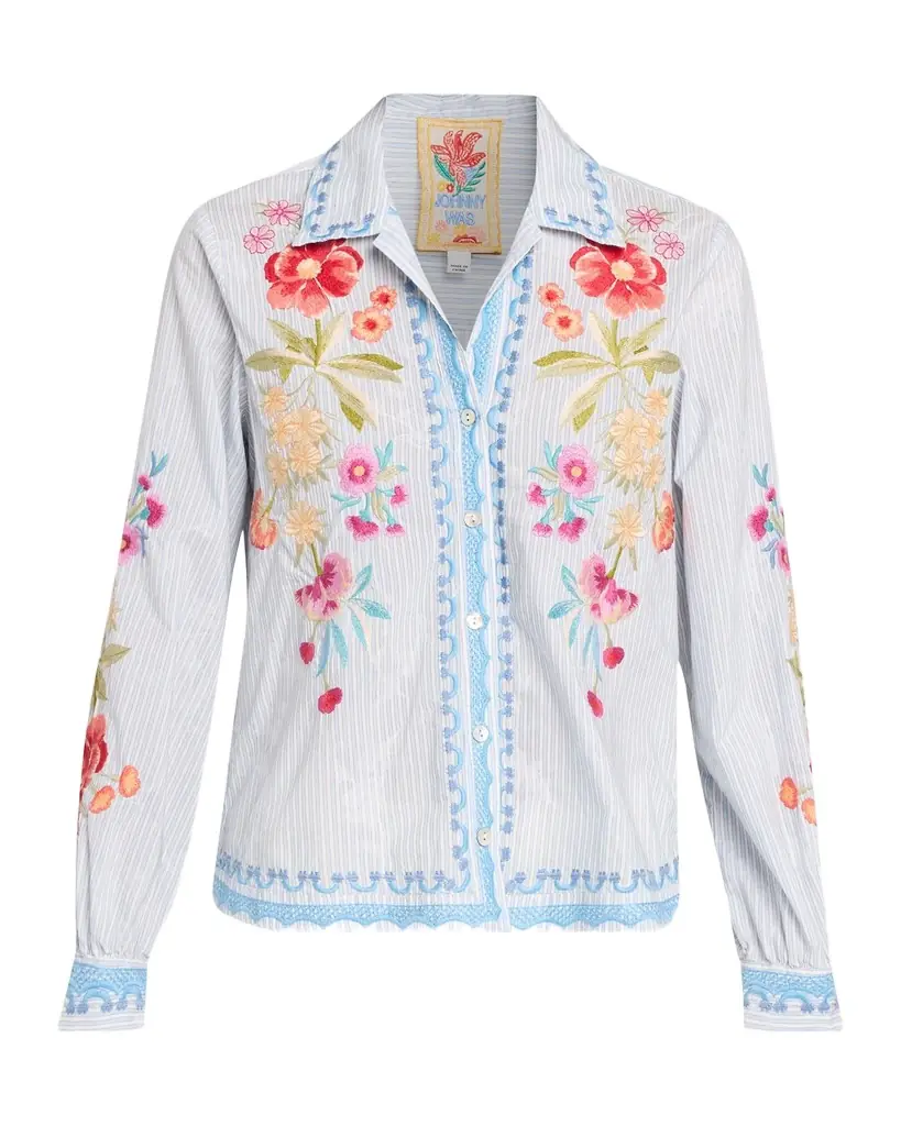 Johnny Was Floral Embroidered Open-Neck Shirt