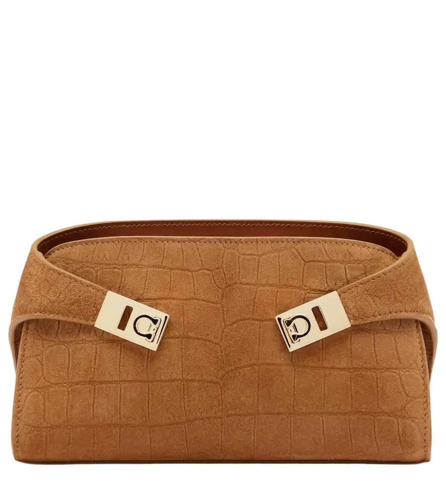 Ferragamo Hug Mini croc-effect suede clutch