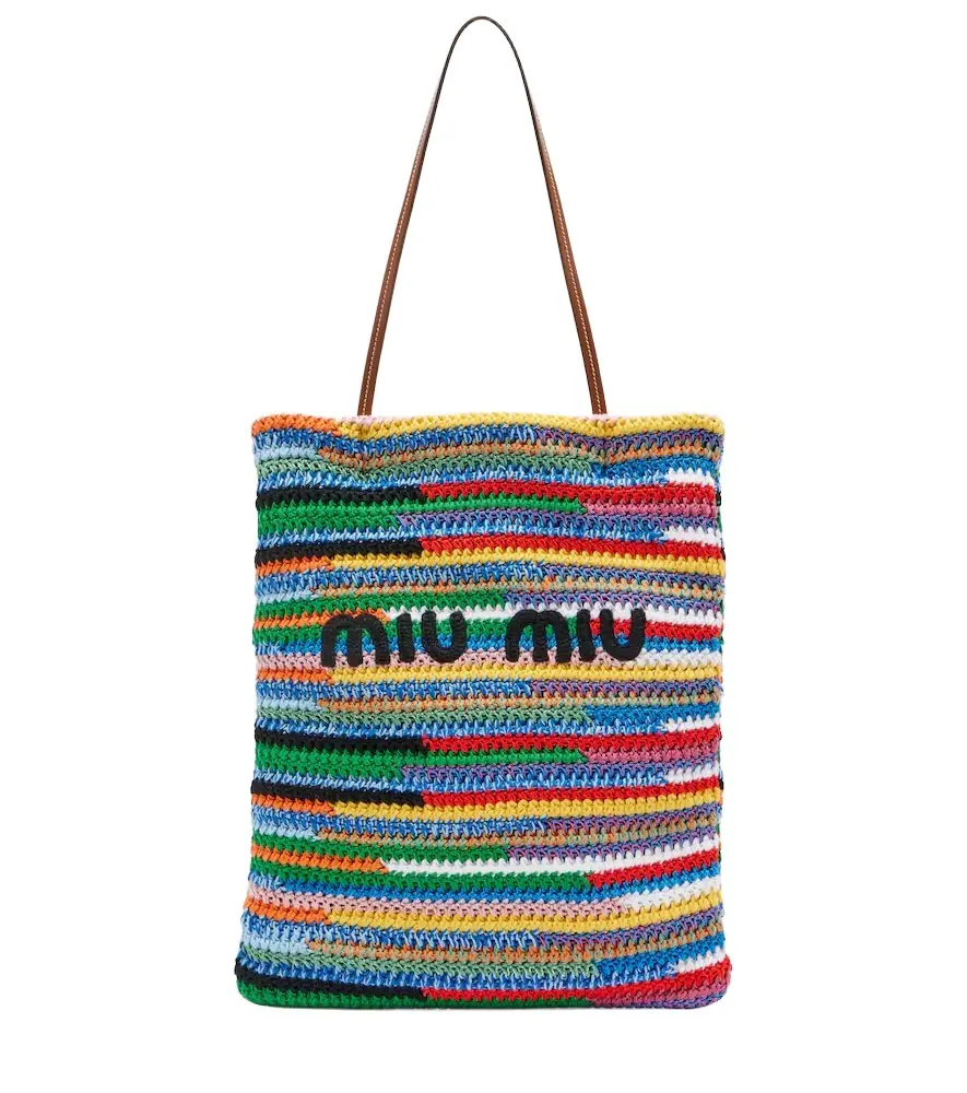 Leather-trimmed crochet tote bag