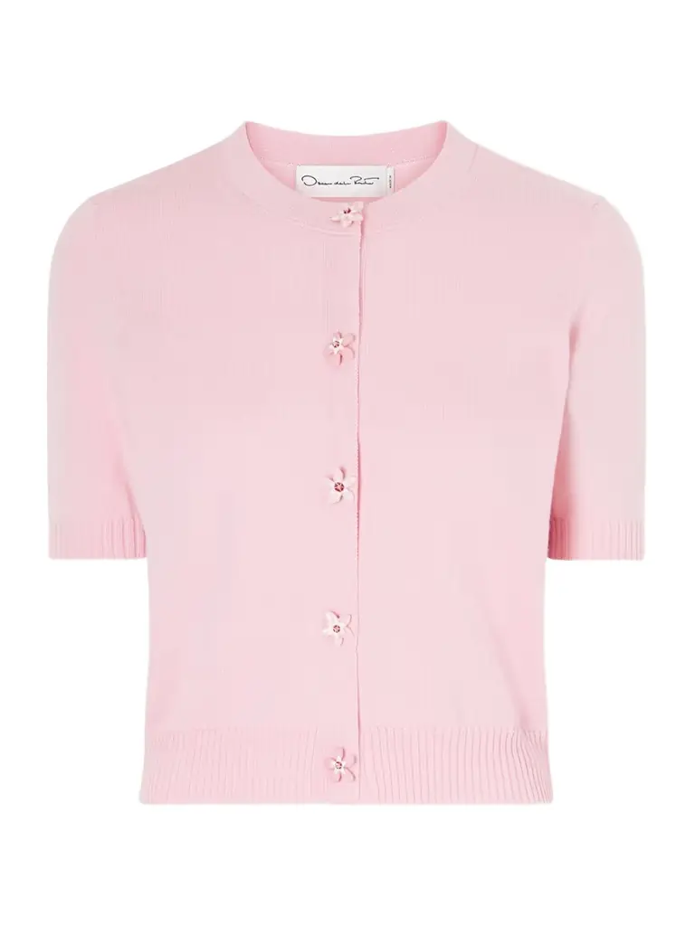Oscar de la Renta Cropped Floral-embellished Cashmere Cardigan