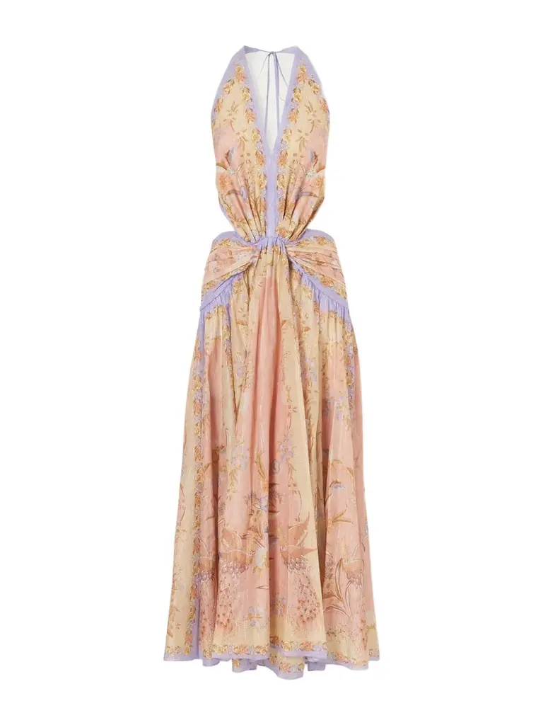 Zimmermann Indra Plunge Printed Metallic Cotton And Silk-blend Halterneck Maxi Dress
