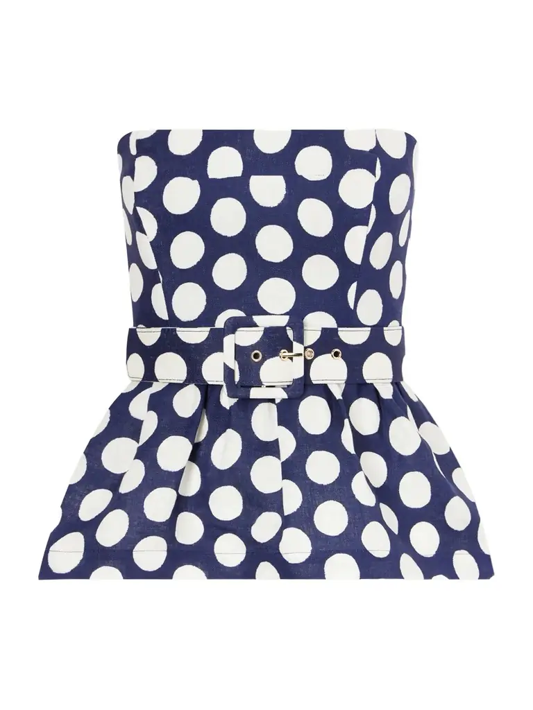 Cara Cara Tilda Strapless Belted Peplum Polka Dot Linen Top