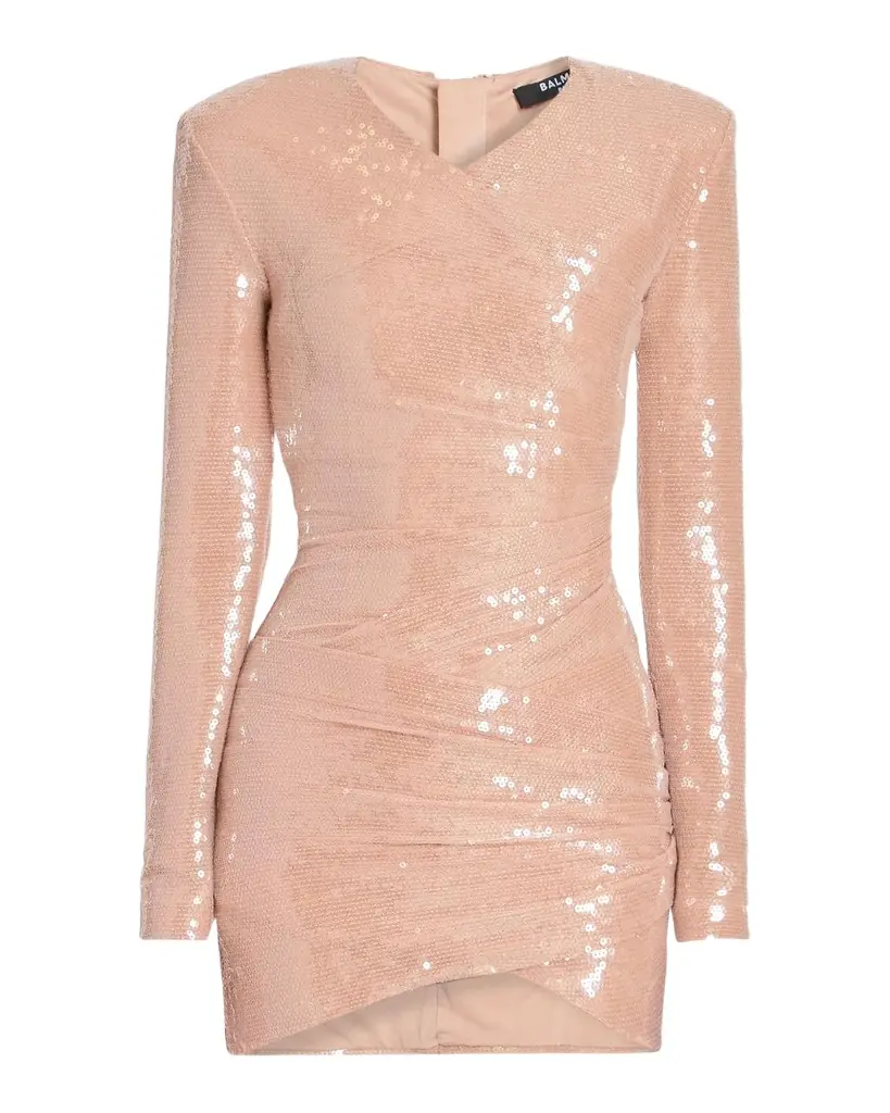 Balmain Sequined Long-Sleeve Draped Bodycon Mini Dress
