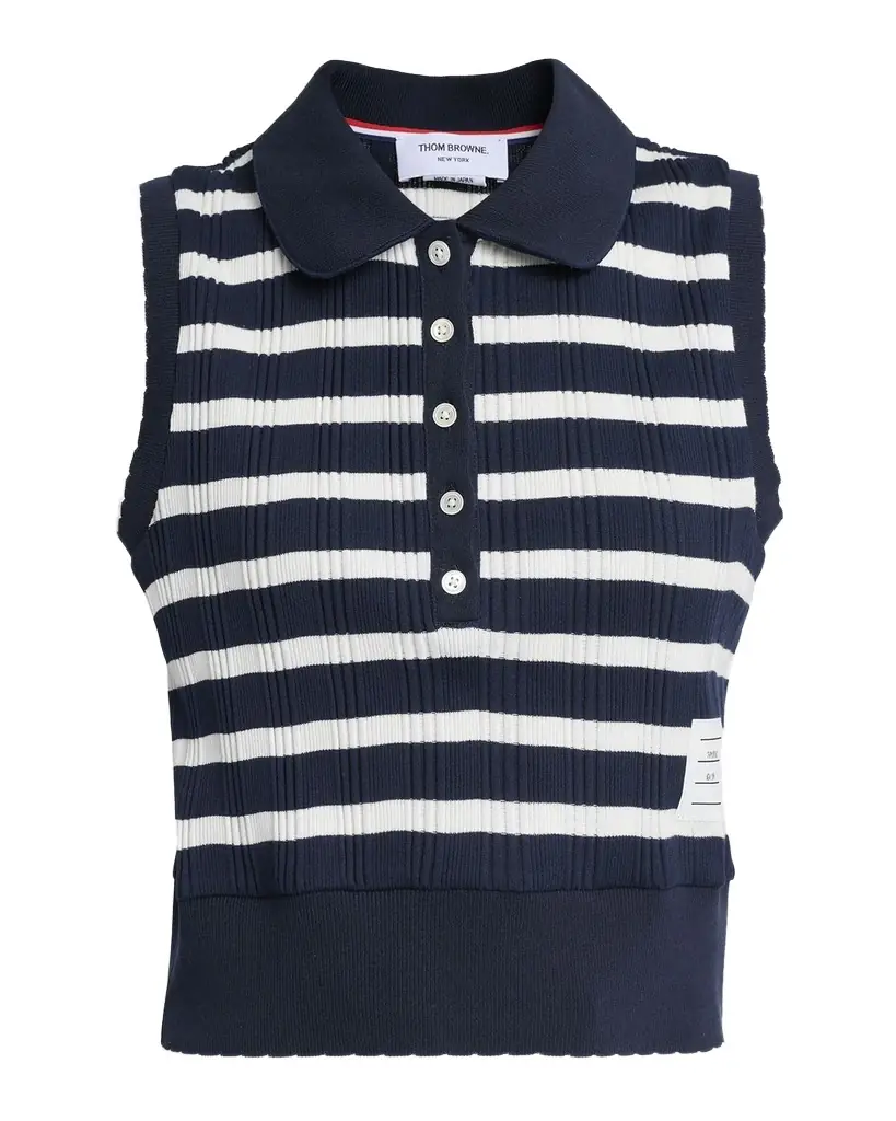 Thom Browne Striped Ladder Rib Sleeveless Polo Top