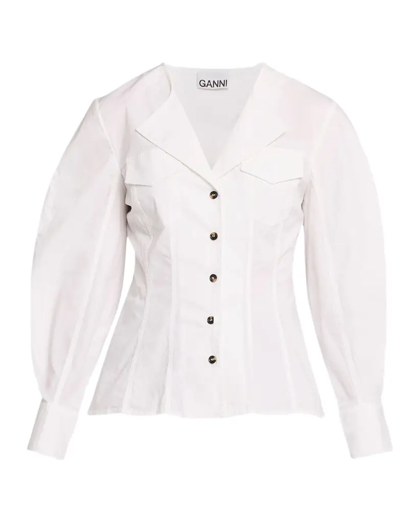 Ganni Long-Sleeve Seamed Cotton Top