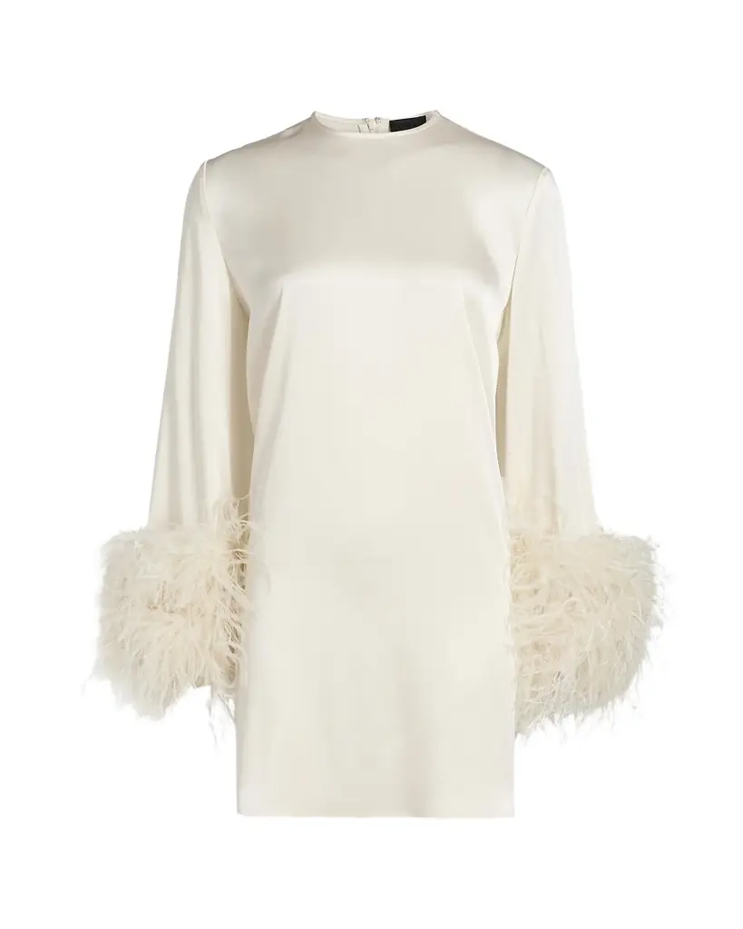 LAPOINTE Feather-Embellished Long-Sleeve Satin Mini Shift Dress