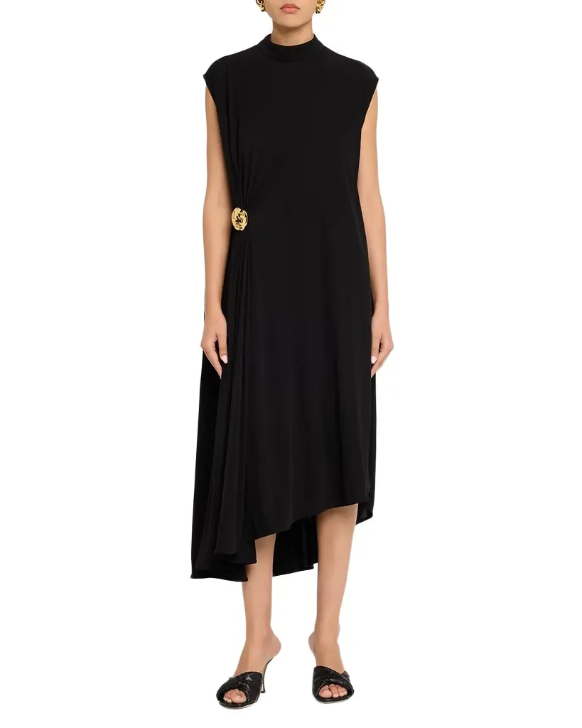 Bottega Veneta Mock-Neck Gathered Jersey Asymmetric Midi Dress