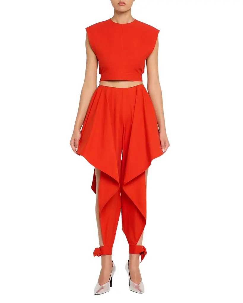ALAIA Cotton Gabardine Ruffle Paneled Ankle-Tie Pants