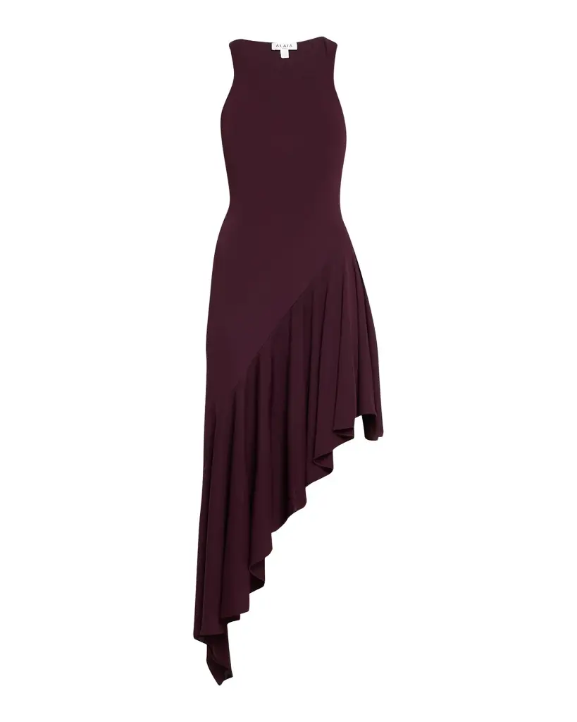 ALAIA Asymmetric Ruffle Jersey Sleeveless Midi Dress