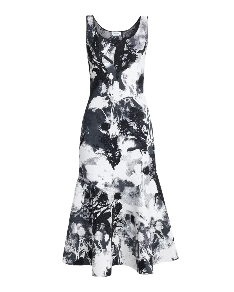 McQueen Flowers Jacquard Compact Knit Trumpet Midi Dress