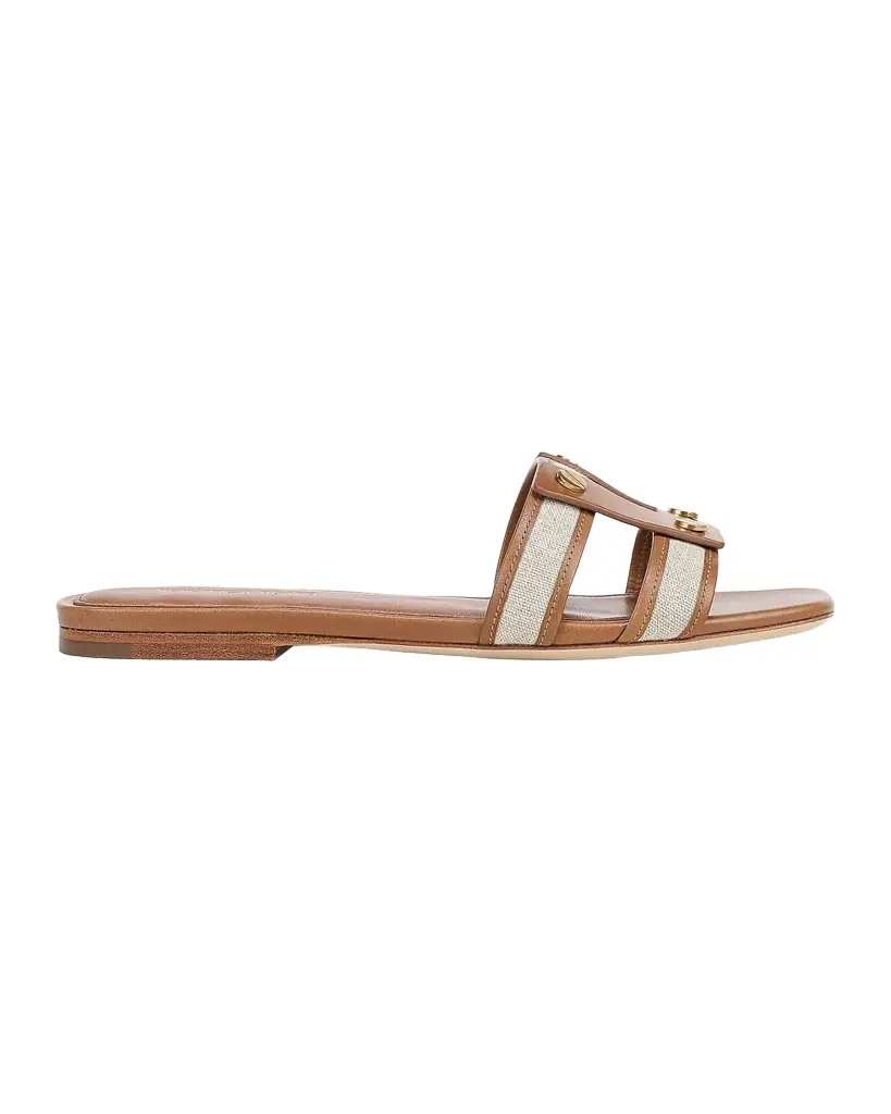 Veronica Beard Via Canvas and Leather Flat Slide Sandals