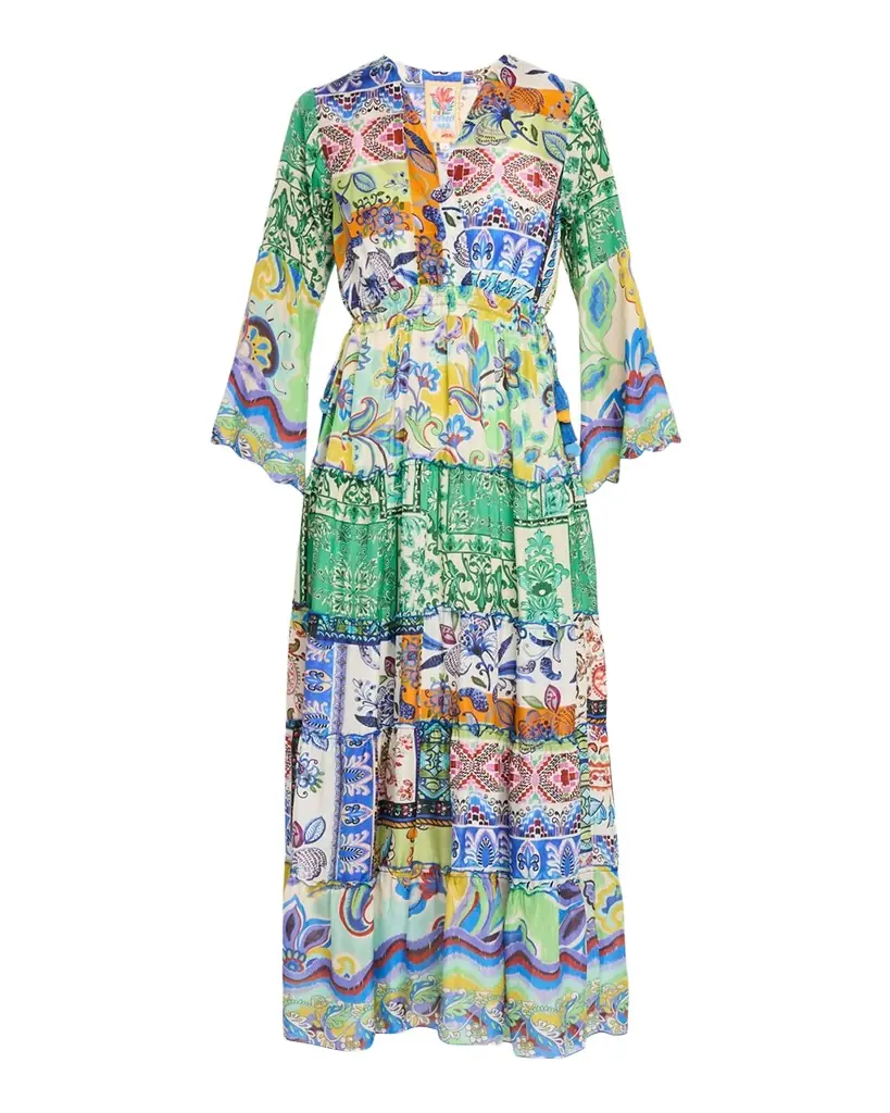Johnny Was Tiered Patchwork-Print Silk Maxi Dress