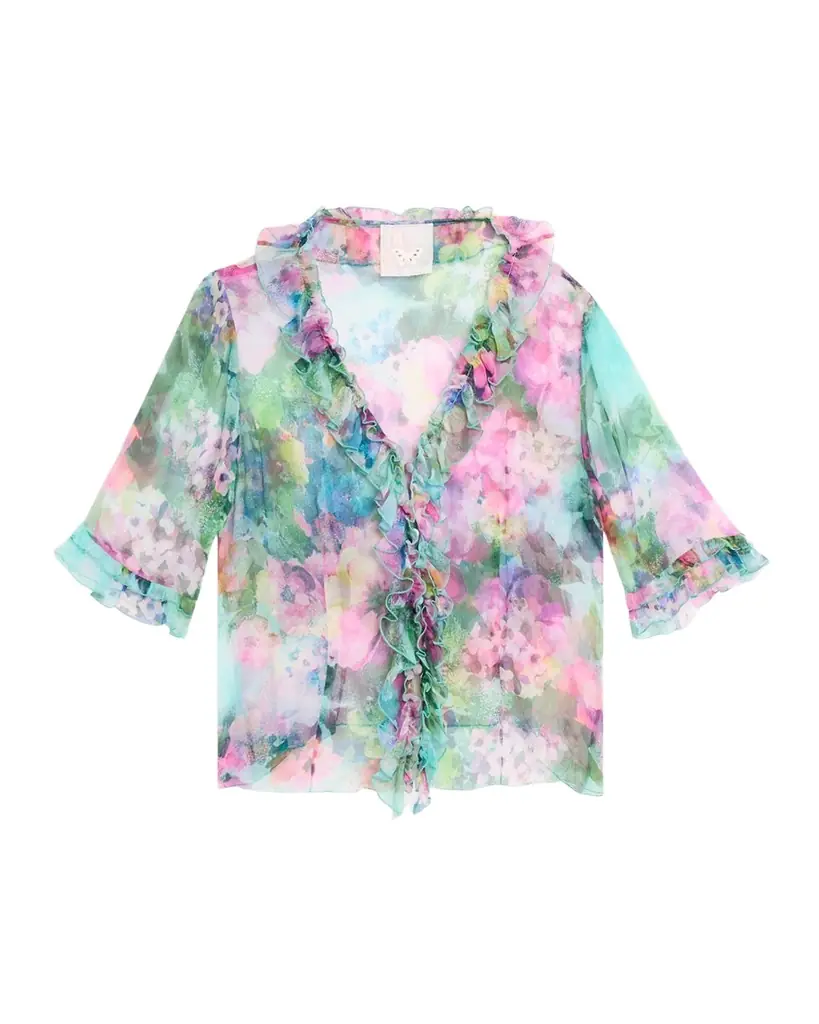 Johnny Was Lorelei Ruffled Floral Silk Blouse