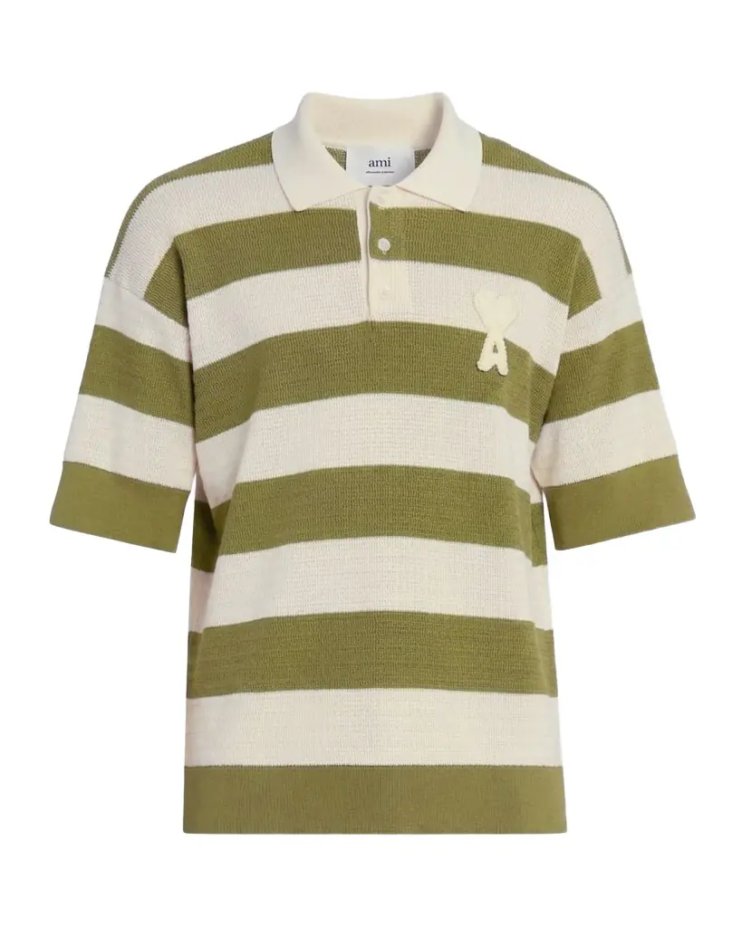 Ami Paris Men 's Crochet Ami de Coeur Stripe Cotton Knit Polo Shirt