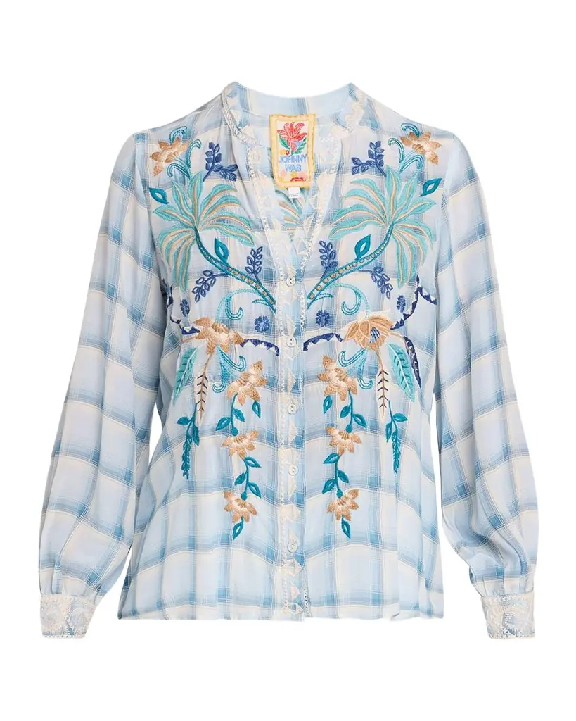 Johnny Was Embroidered Check Silk Relaxed Button-Down Shirt