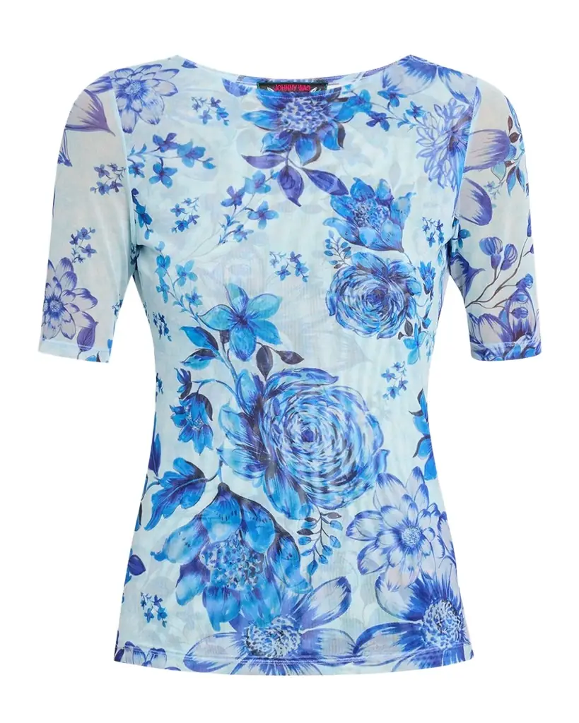 Johnny Was Elbow-Sleeve Botanical Floral Mesh Top