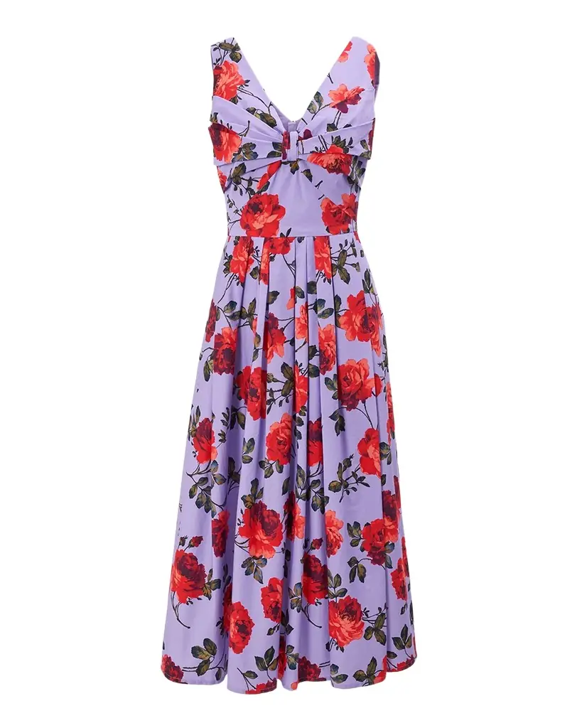 Carolina Herrera Rose-Print Pleated Bow V-Neck Midi Dress
